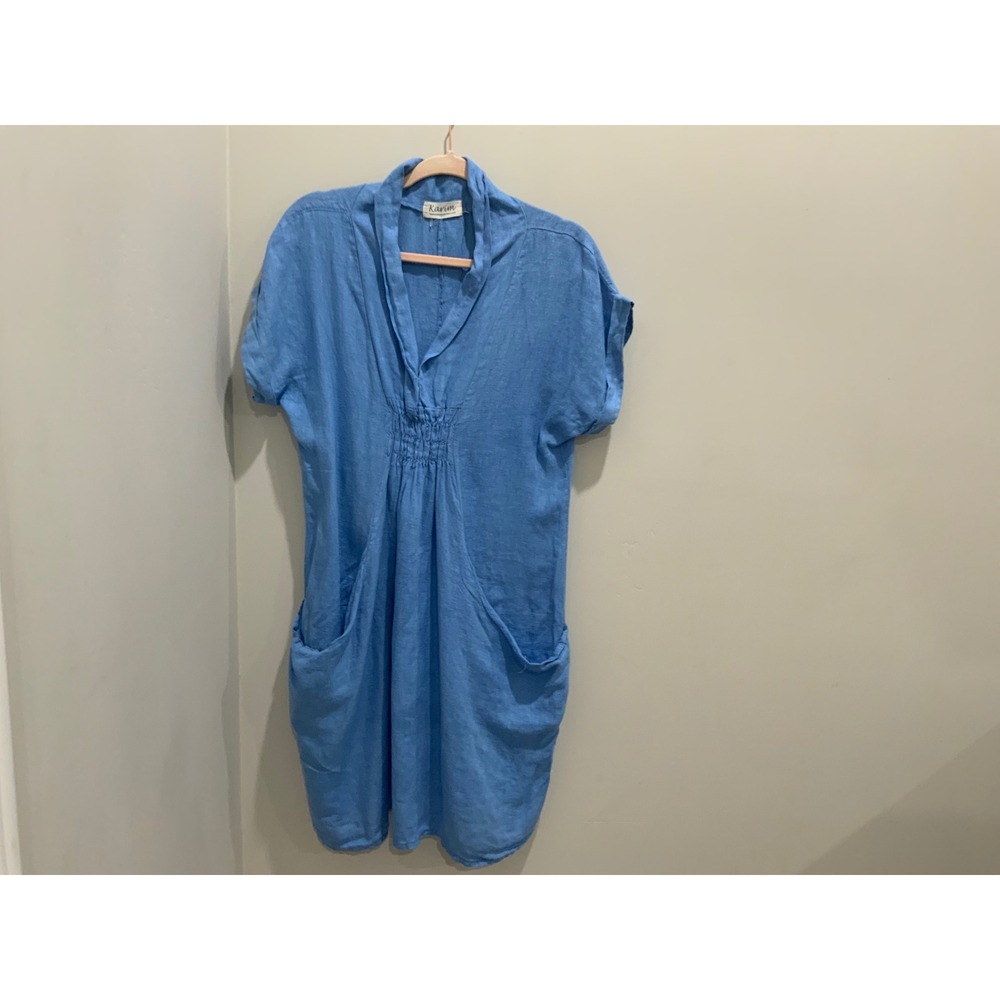 Karim Collection Blue Linen V-Neck Smocked Tunic Dress with Pockets Womens L